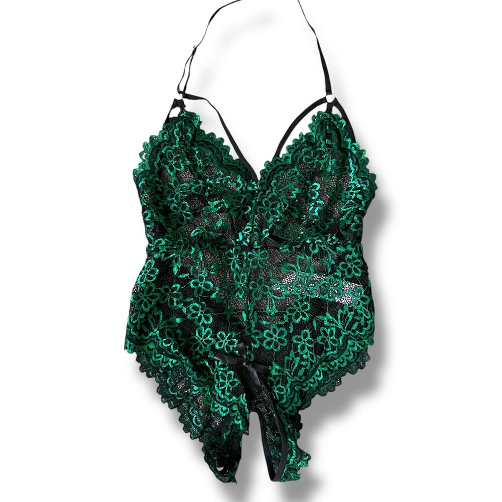 Lace Teddy Intimates Bodysuit Sz M Green & Black V Neck Fairycore Wilderkind